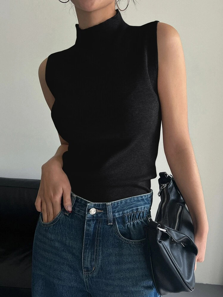 DAZY Solid Mock Neck Ribbed Knit Tank Top | SHEIN