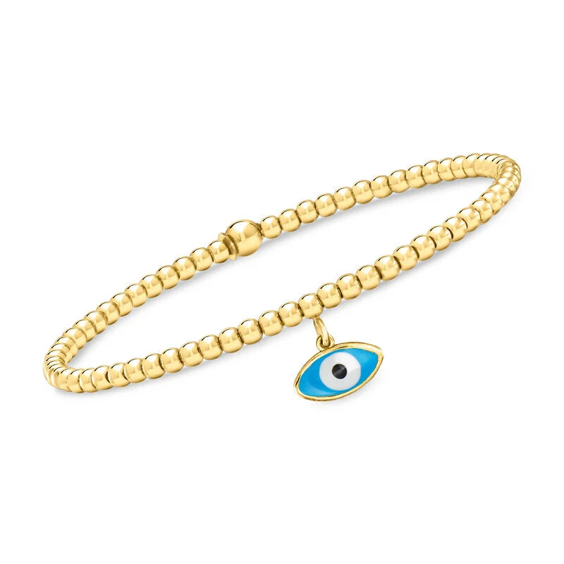 Italian 3mm 18kt Gold Over Sterling Bead Stretch Bracelet with Enamel Evil Eye Charm. 8" | Ross-Simons