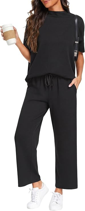 PrinStory Womens Lounge Set Summer 2 Piece Matching Sets | 3/4 Batwing Sleeve and Drawstring Wide... | Amazon (US)