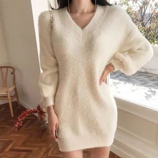 Fluffy Sweater Dress White - One Size | YesStyle Global