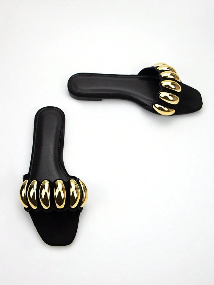 Women Fashionable Black Suede Mule Sandals With Gold-Toned Hardware Buckle Decor, Comfortable And... | SHEIN