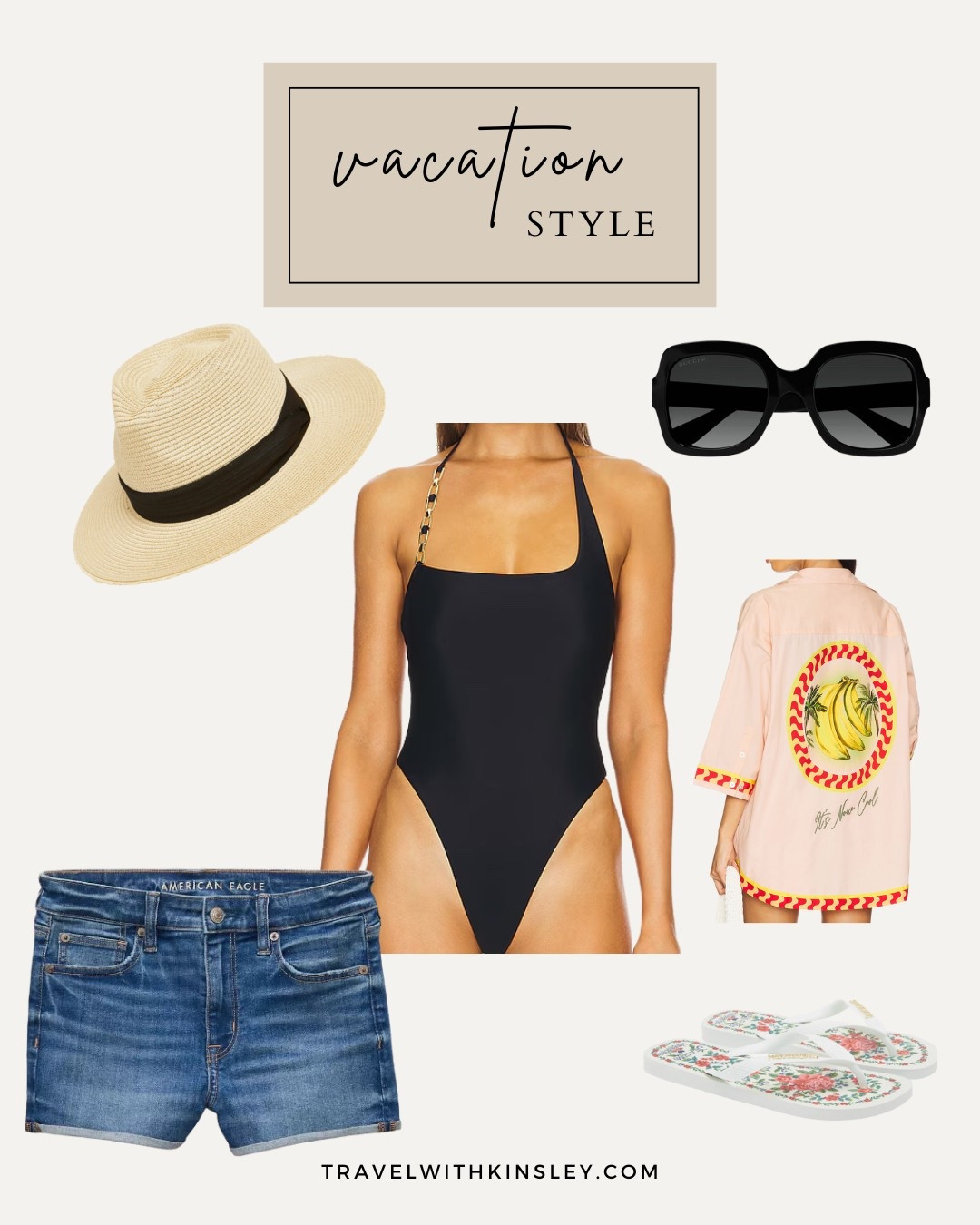 Casual vacation outfit - swimsuit with shorts, a loose shirt, sandals, hat and sunglassess

#LTKSeasonal #LTKTravel #LTKSwim