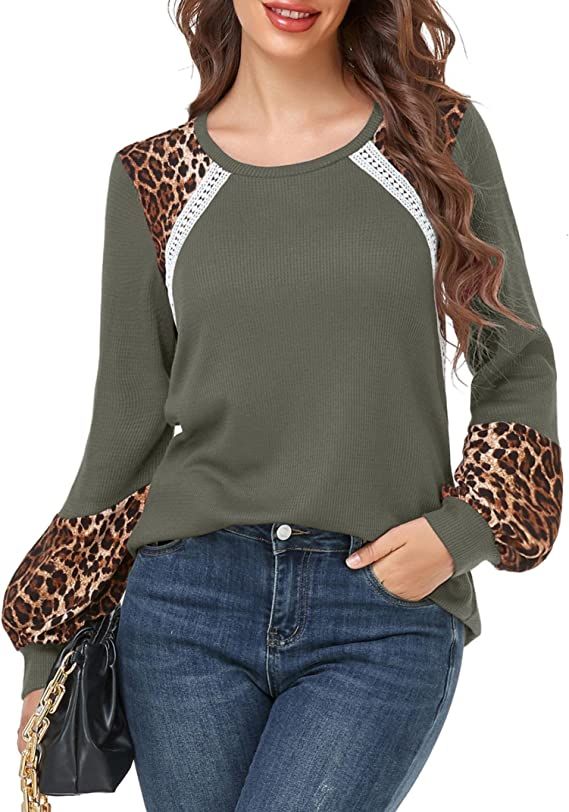 MISSKY Women's Casual Tunic Tops Lantern Sleeve Leopard Waffle Knit Blouse Lace Crochet Loose Shi... | Amazon (US)