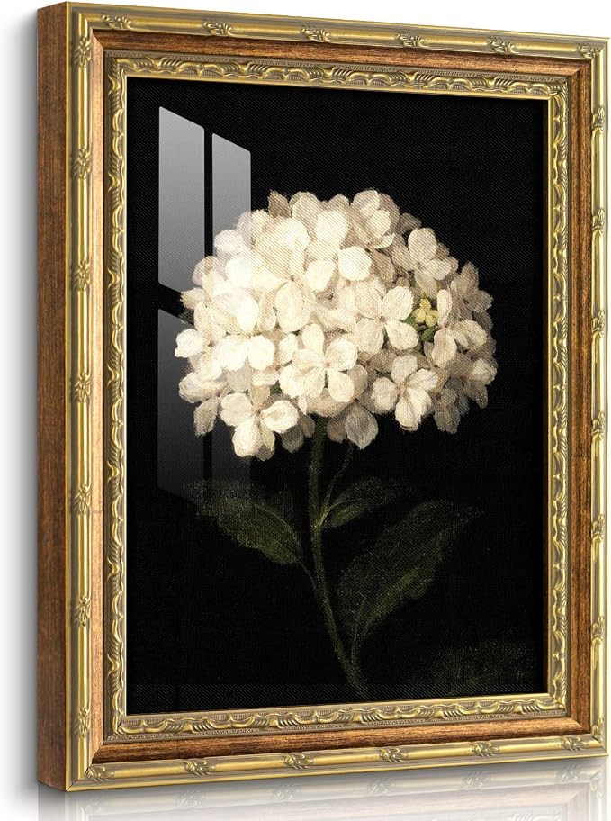 HUARCEY 13"x16" Glass Vintage Gold Framed Wall Art, White Hydrangea Flower Framed Canvas Print, R... | Amazon (US)