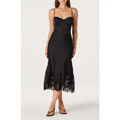 ASTR the Label Abrianna Lace Trim Satin Midi Dress in Eggplant at Nordstrom, Size X-Small | Nordstrom