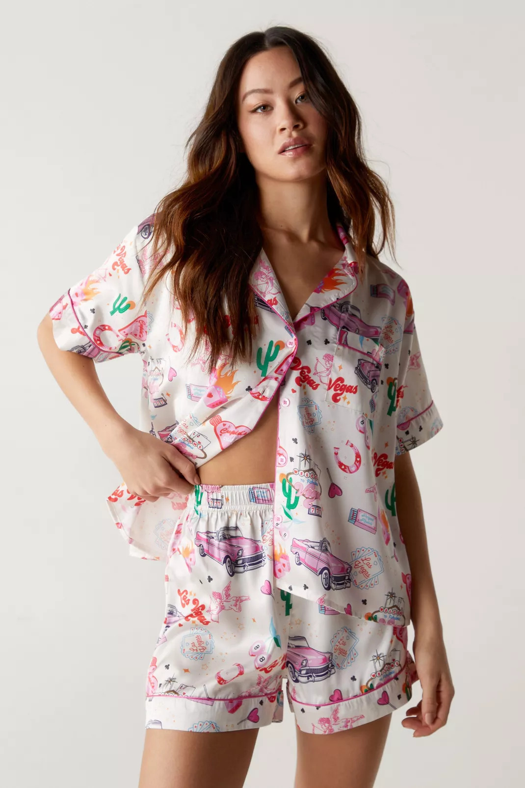 Satin Vegas Print Pajama Shorts Set | Nasty Gal US