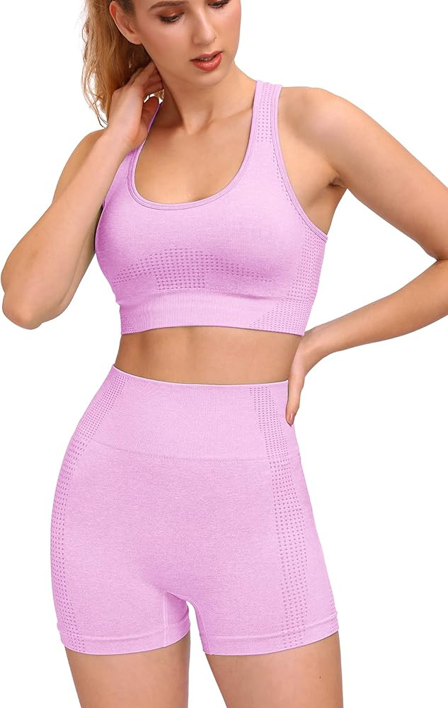 WodoWei Workout Sets for Women 2 Piece Seamless High Waist Gym Shorts+Sports Bra Yoga Outfits | Amazon (US)