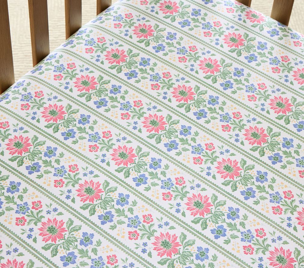 Hill House Home Block Stripe Floral Organic Crib Fitted Sheet | Pottery Barn Kids