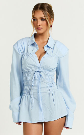 Cody Shirt - Ruched Detail Scrunch Shirt in Blue | Showpo (ANZ)