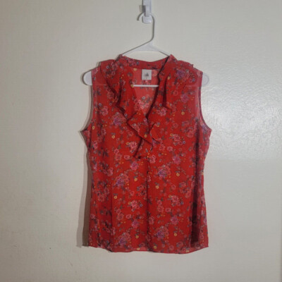 Cabi sz S Women's EUC Red Floral Ruffle V-Neck Sheer Blouse | eBay | eBay US
