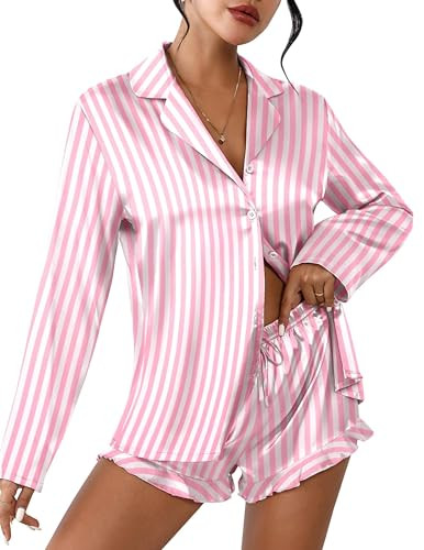 Ekouaer Womens Satin Pajama Sets Long Sleeve Top and Shorts Lounge Set Button Down Sleepwear Striped Pink L | Amazon (US)