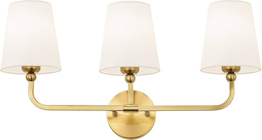 Bathroom Light Fixtures, Brushed Gold Vanity Lights with Flared White Fabric Shade, 3 Light Wall ... | Amazon (US)