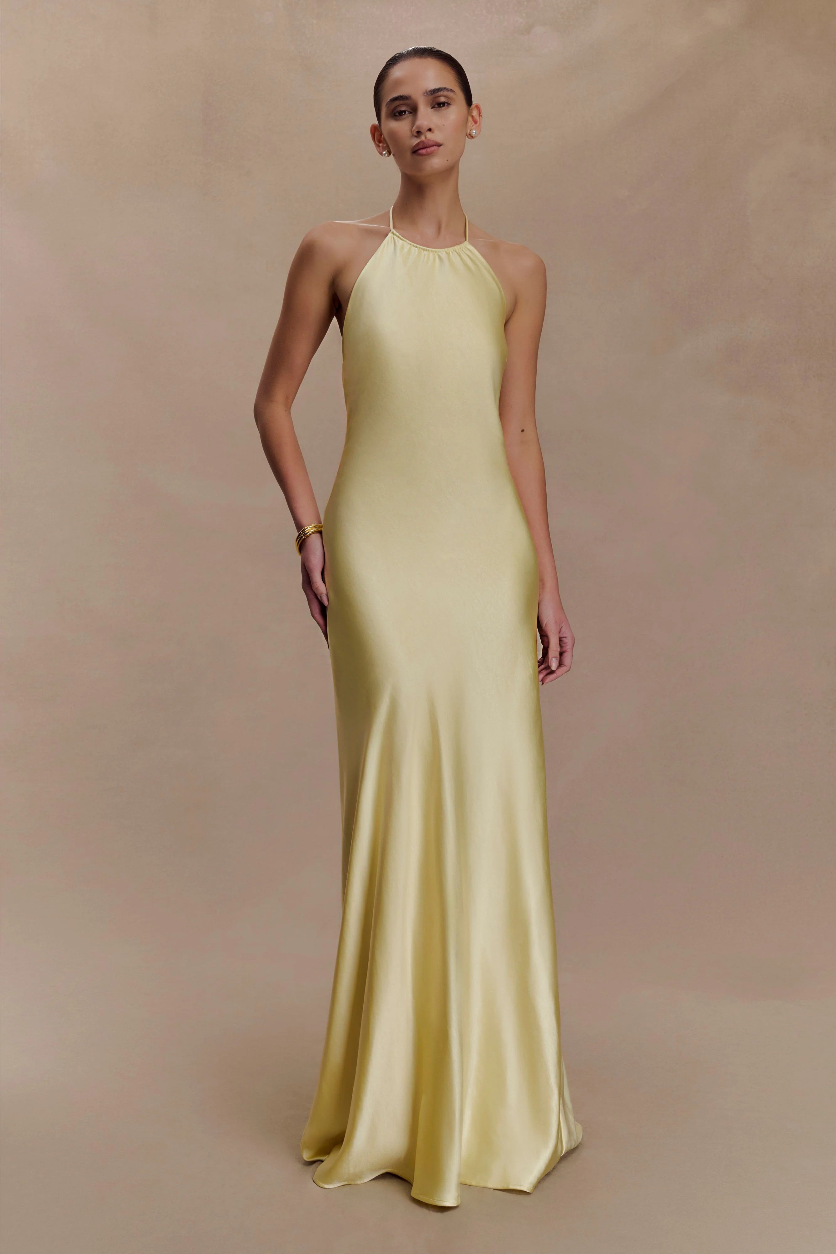 Bella Satin Halter Maxi Dress - Lemon | Meshki UK