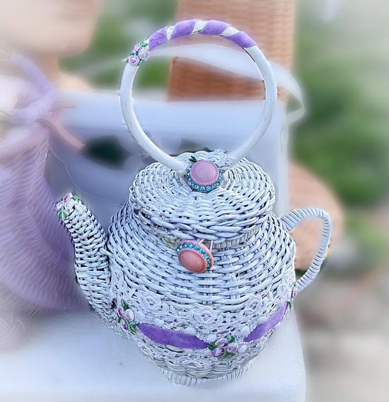 Teapot Novelty Wicker Purse ~ Vintage White & Purple Whimsical Wonderland Woven Basket Bracelet H... | Etsy (US)