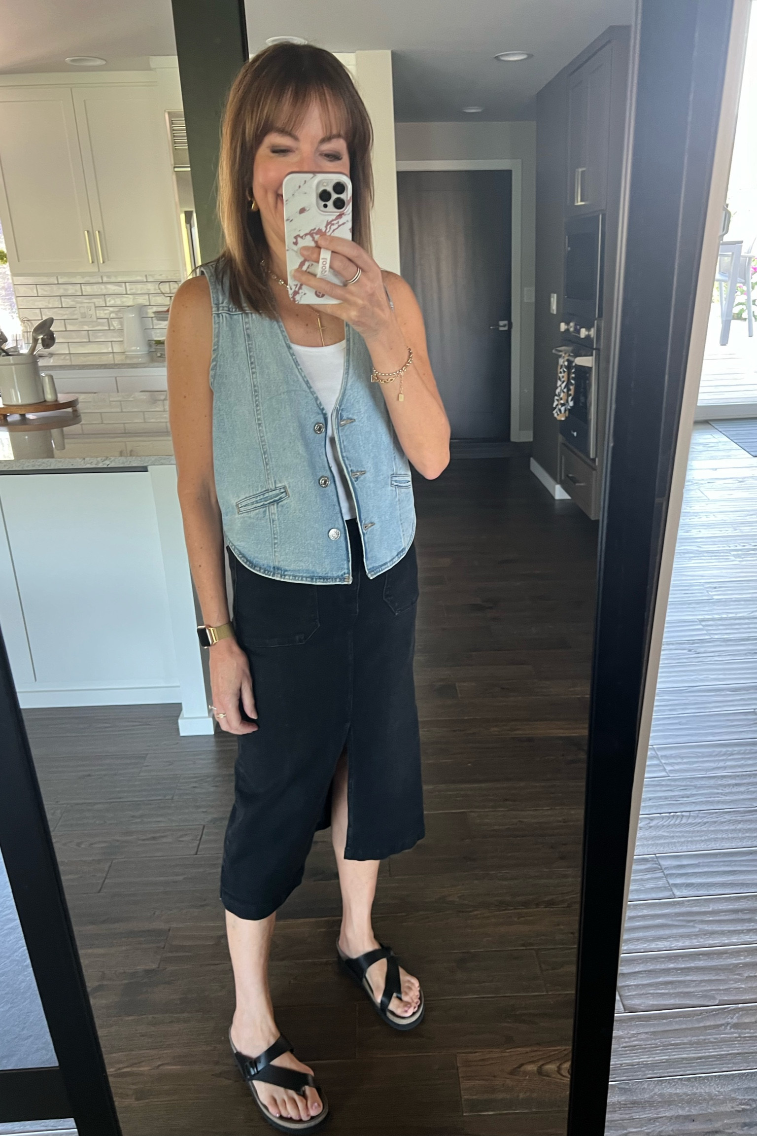 Ootd for shopping with a friend! I linked similar denim vests and black denim midi skirts! Wearing the best comfort sandal from Mephisto and the best basic tank from Splendid! 

Mango, Stitch Fix, fall transition outfit, fall outfit, denim on denim outfit, comfort shoes 

#LTKSeasonal #LTKOver40 #LTKStyleTip