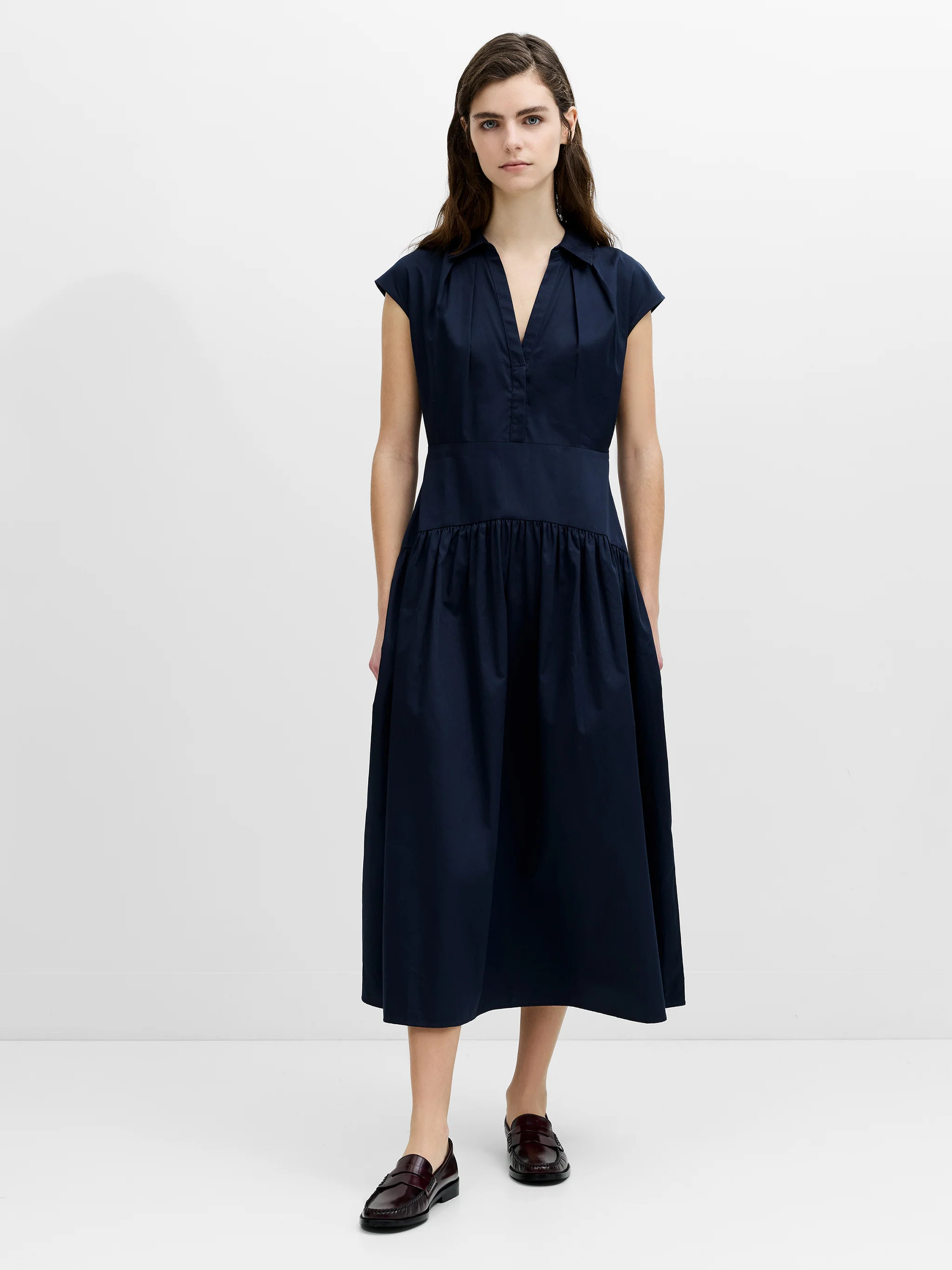 Alexis Poplin Drop Waist Navy Blue Midi Dress | French Connection (UK)