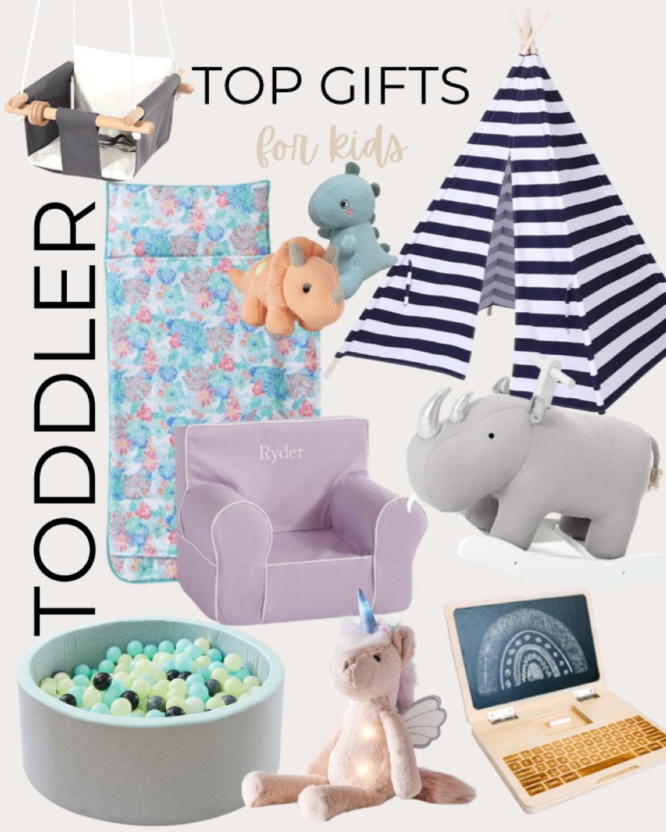 Gift ideas for toddlers include Pottery Barn nap mat, tee pee tent, knit dinosaur stuffed animals, Pottery Barn anywhere chair, grey rhino rocking chair, ball pit, light up unicorn stuffed toy, canvas and wooden swing, and wooden chalkboard laptop. 

Toddler Christmas gifts, Christmas gifts, kids gifts, kid’s Christmas gifts, gift guide, little boy gifts, little girl gifts, affordable gifts 

#LTKkids #LTKSeasonal #LTKunder100