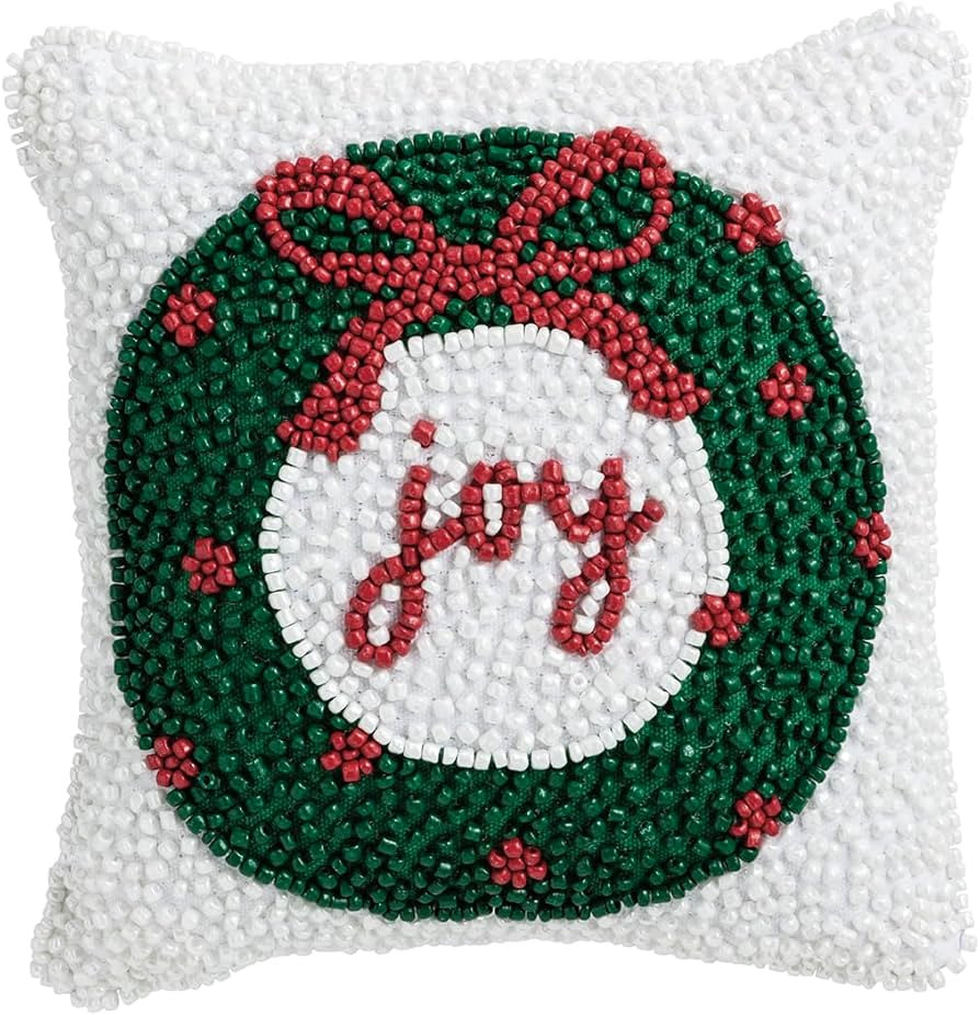 Mud Pie Christmas Wreath Mini Beaded Pillow, 8" x 8", White | Amazon (US)