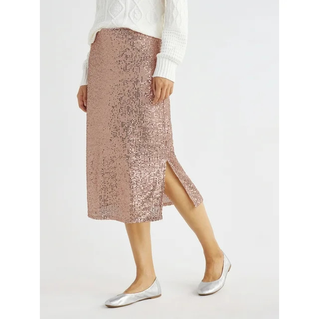 Time and Tru Women's Sequin Pull On Skirt with Side Slit, Sizes XS-XXXL | Walmart (US)