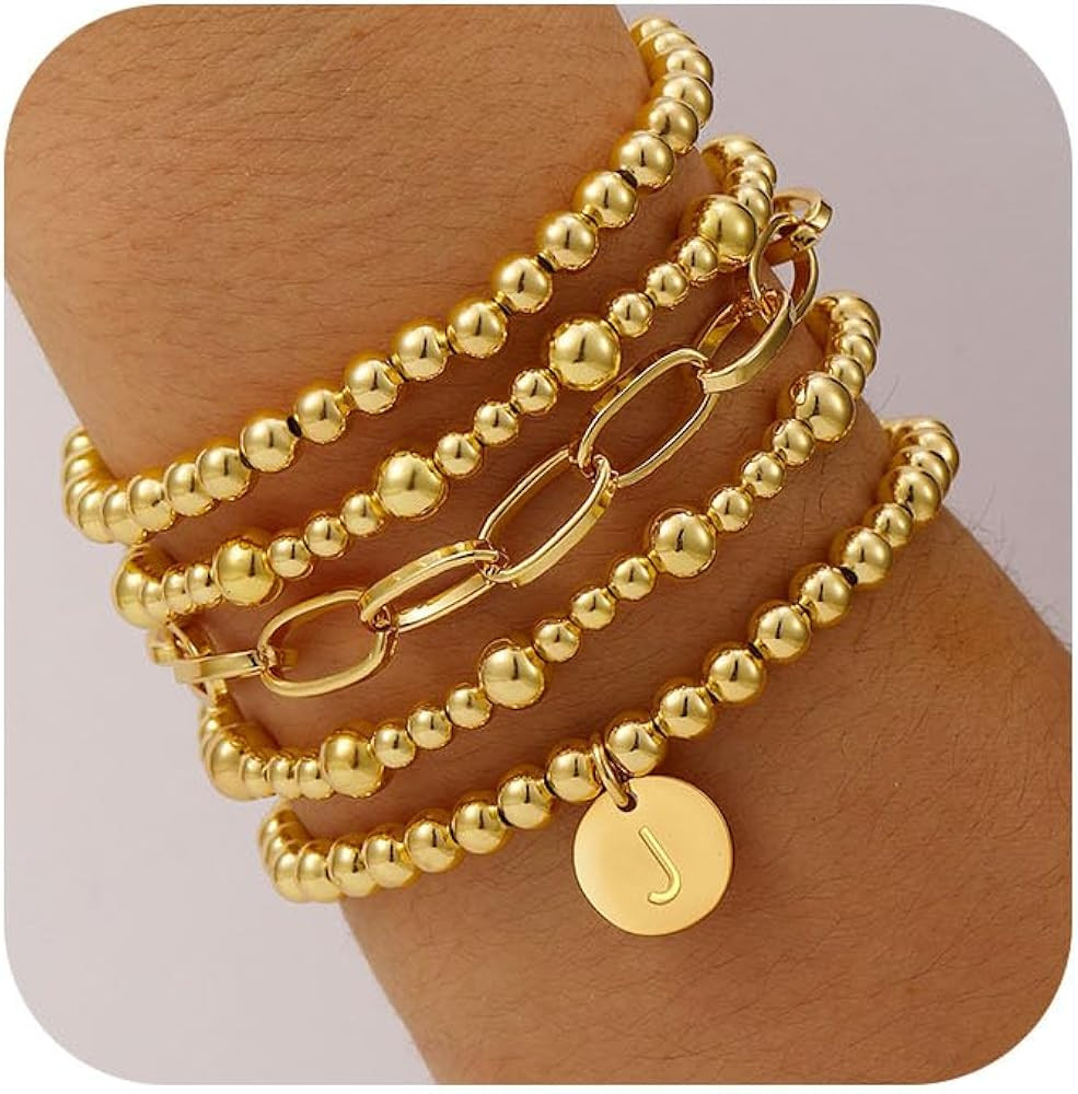 Gold Beaded Bracelets for Women, 18K Gold Plated Initial A-Z Stretch Bead Ball Stackable Bracelet... | Amazon (US)