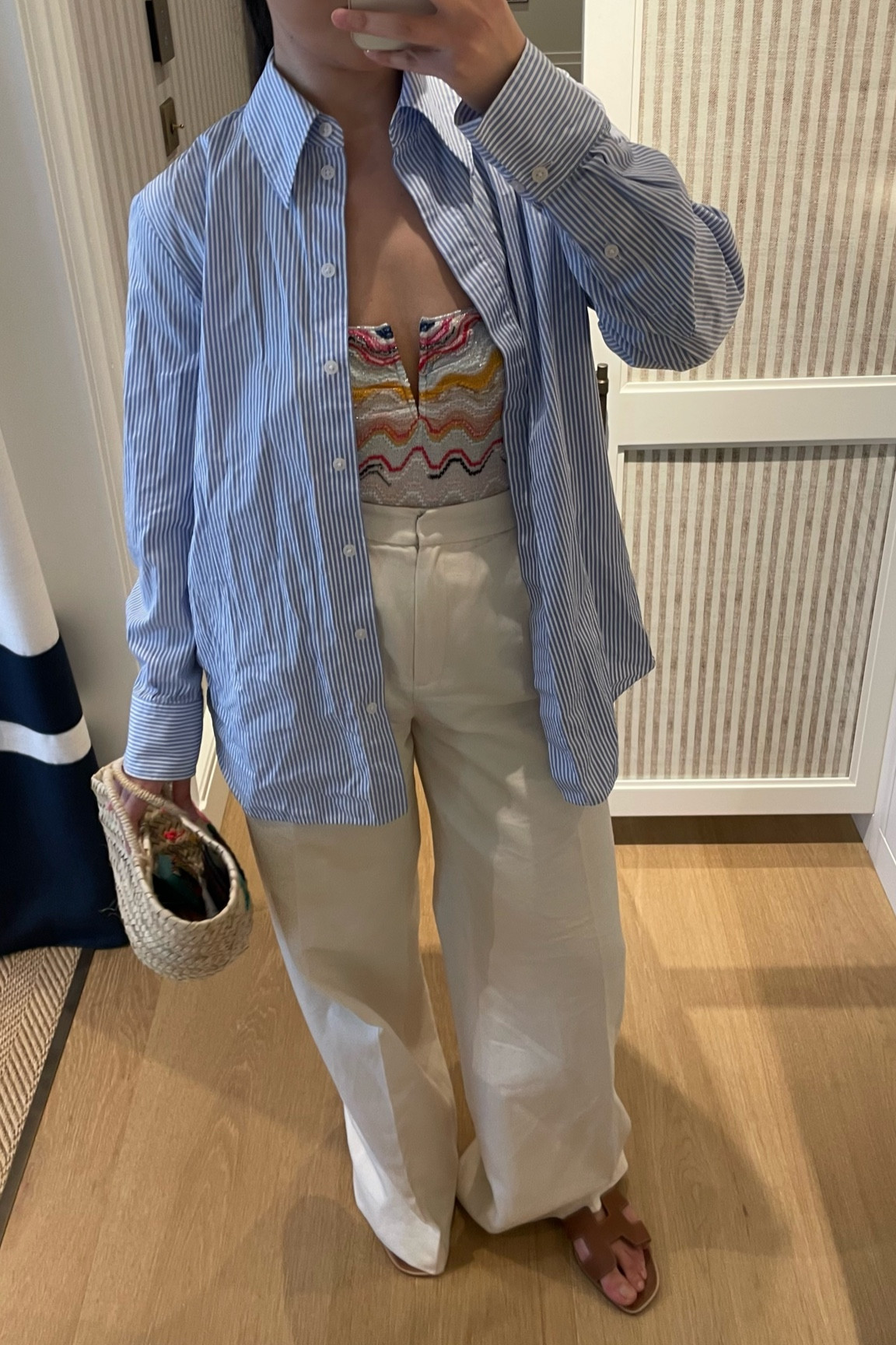 my new favorite missoni swimsuit; i love the pattern so much plus it’s super nice to wear under wide leg pants (mine is Saloni it’s a silk cotton linen blend, similar is COS) and paired with the blue classic shirt from COS and Hermes Oran + mini raffia bag bought in St. Tropez 🌸

#LTKtravel #LTKswim #LTKeurope