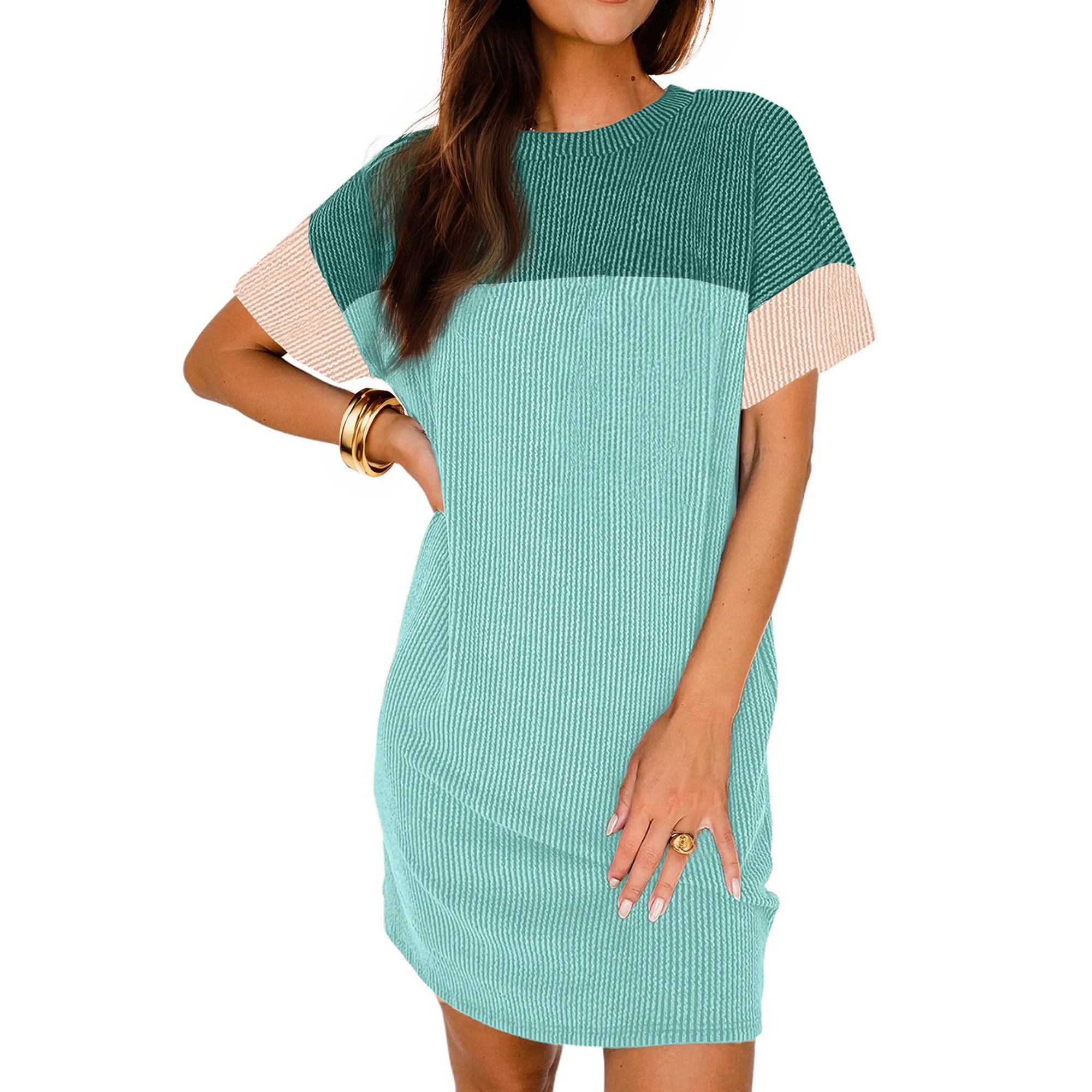 Fantaslook Summer Color Block Dresses for Women Crewneck Short Sleeve T shirts Dress Ribbed Dress... | Walmart (US)