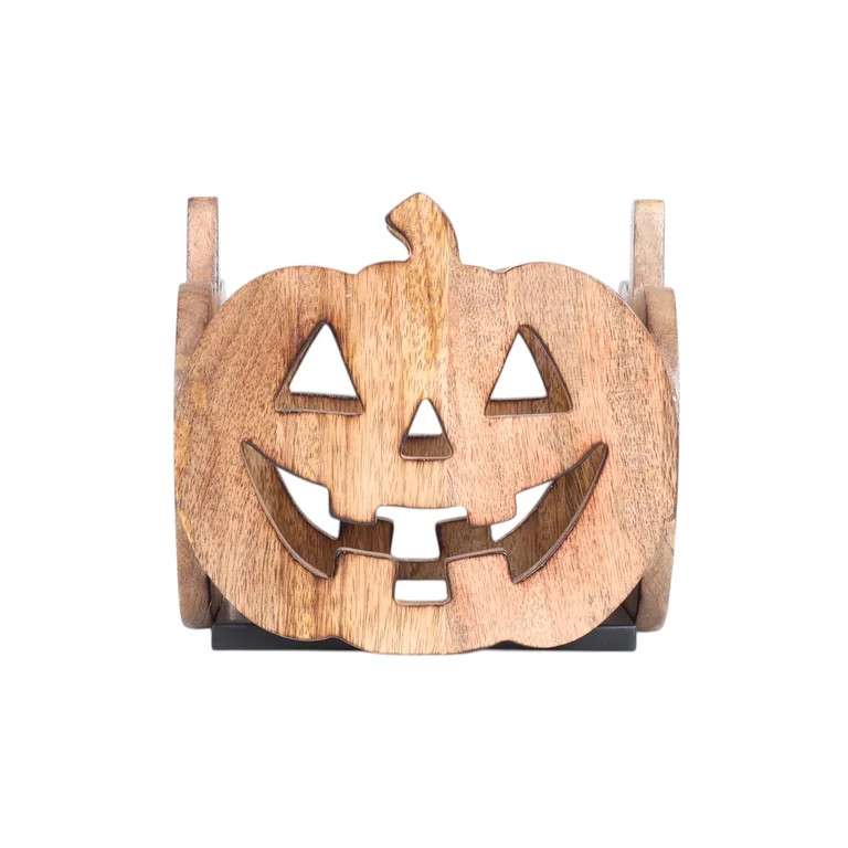 Wood Jack-o'-Lantern Tabletop Decoration, Brown, 6.5" x 6.5", Halloween by Way To Celebrate | Walmart (US)