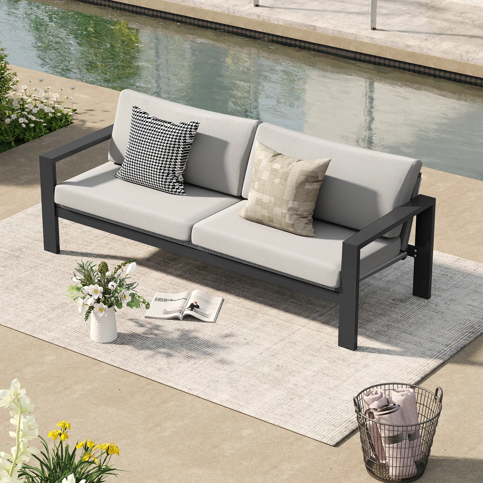 Caputo 84" Aluminum Patio Sofa with Light Gray Cushions | Joss & Main