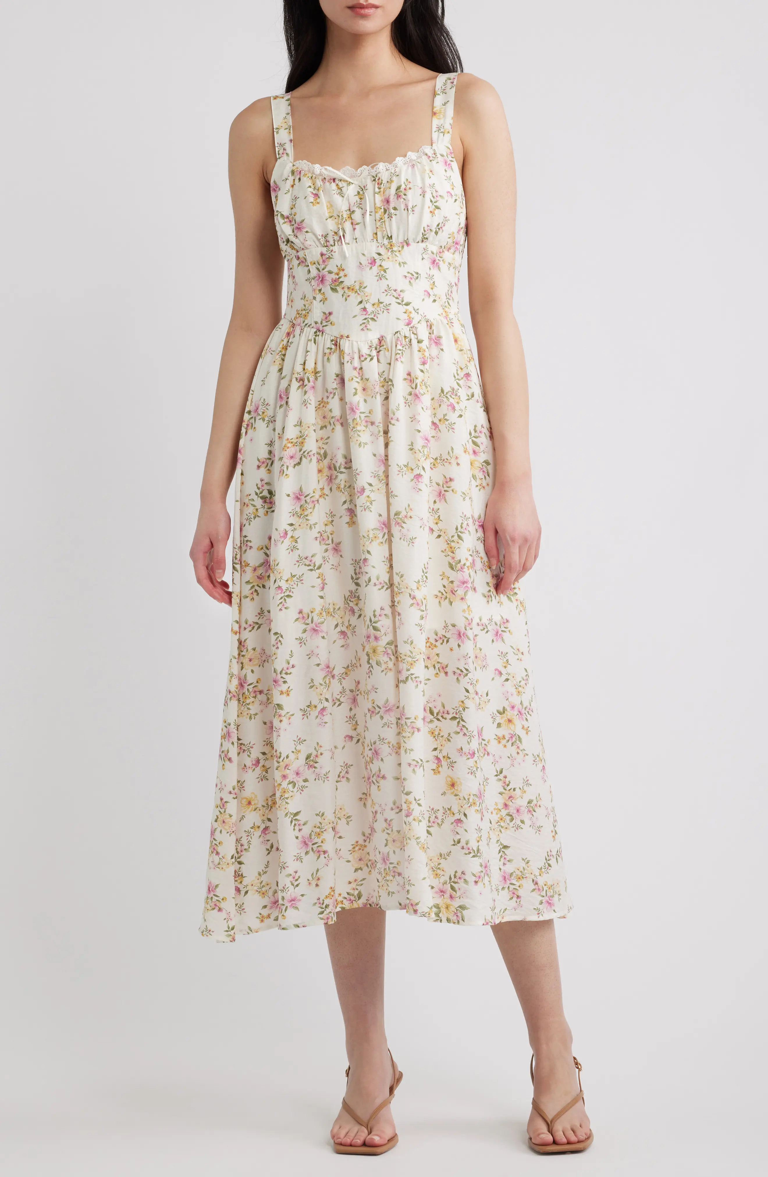 Blu Pepper Lace Detail Floral Midi Dress (Women) | Nordstrom | Nordstrom