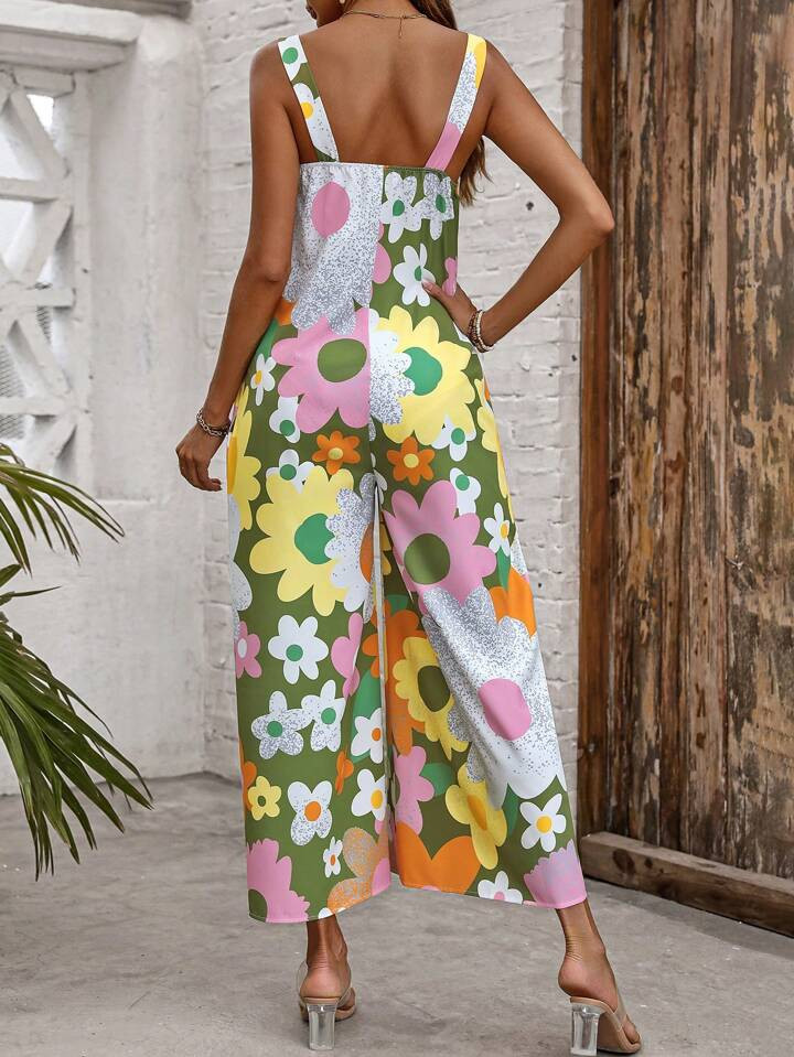 SHEIN VCAY Women's Vacation Floral Printed Wide Leg Loose Casual Jumpsuit With Suspenders | SHEIN
