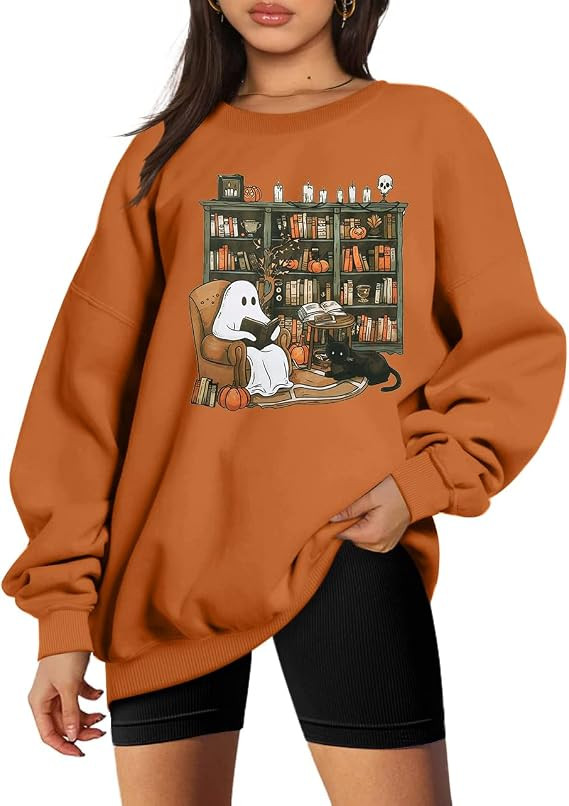 Halloween Sweatshirt for Women Spooky Ghosts Reading Books Graphic Sweater | Amazon (US)