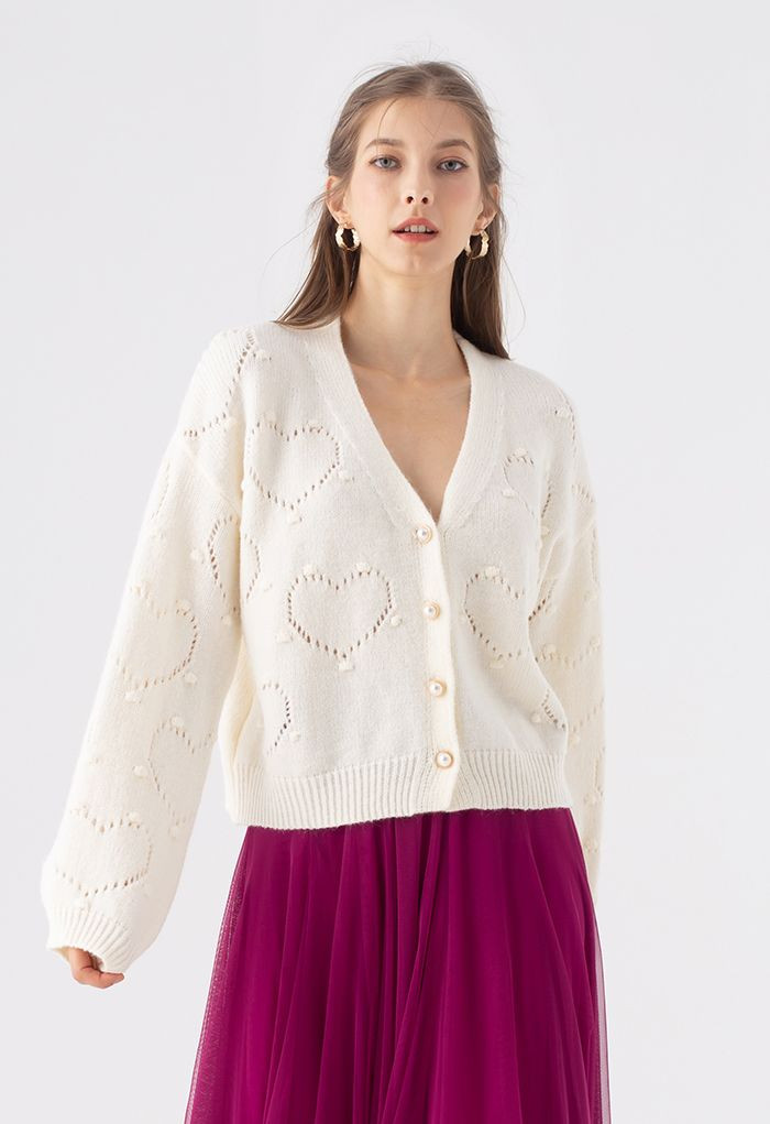 Lovely Heart Button Down Knit Cardigan in White | Chicwish