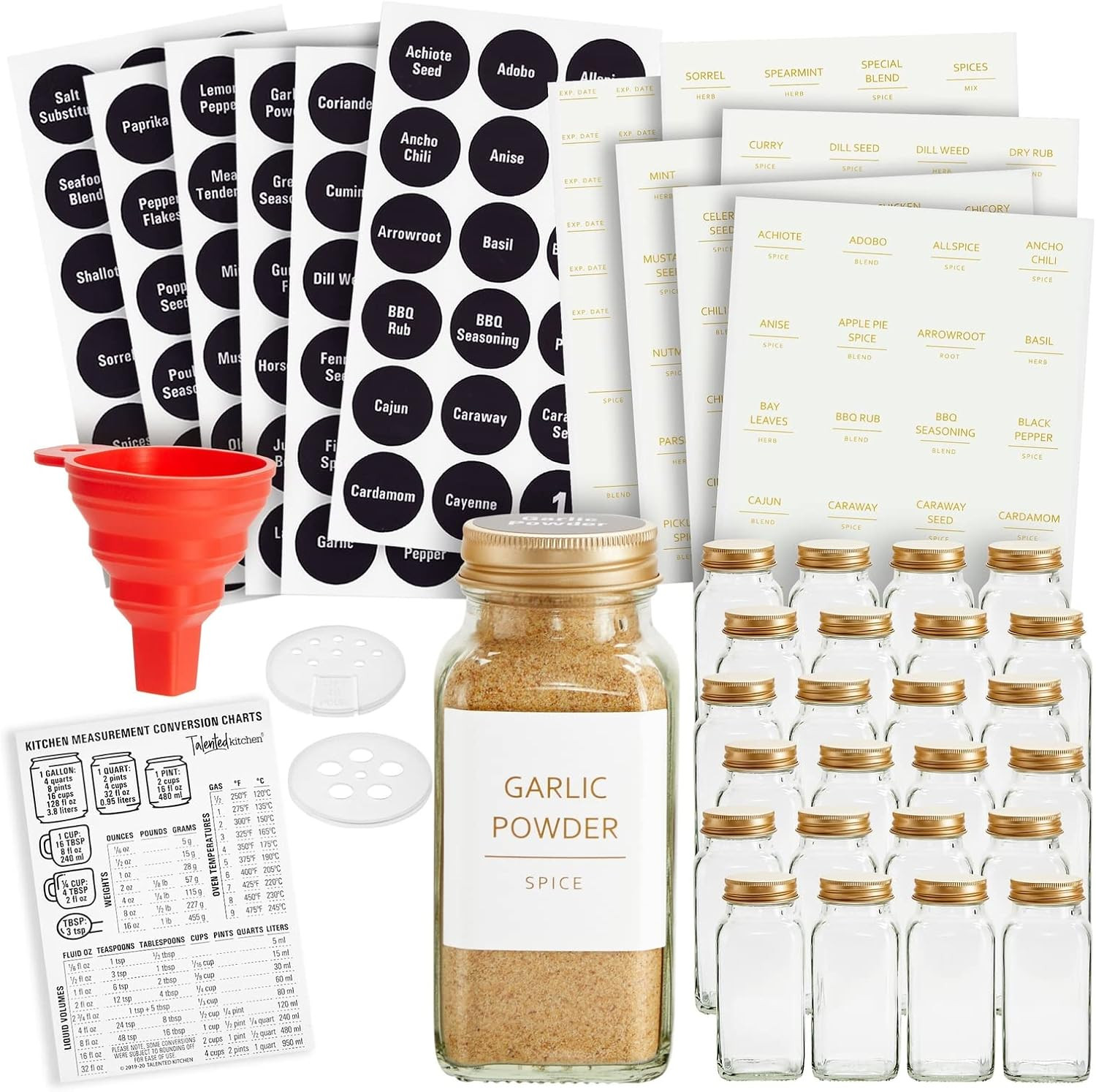 Talented Kitchen 24 Pack Large Glass Spice Bottles with 328 Preprinted Label Stickers, 6 oz Empty... | Amazon (US)