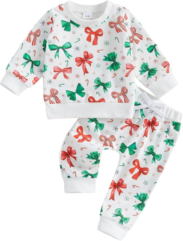 Baby Girl Fall Winter Outfits Toddler Clothes Long Sleeve Bow Printed Crewneck Sweatshirt + Pants... | Amazon (US)