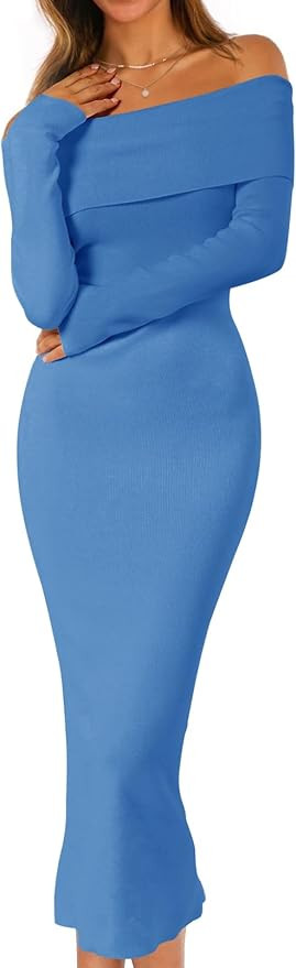 MEROKEETY Women's Winter Off Shoulder Bodycon Sweater Dress 2025 Formal Long Sleeve Elegant Club ... | Amazon (US)