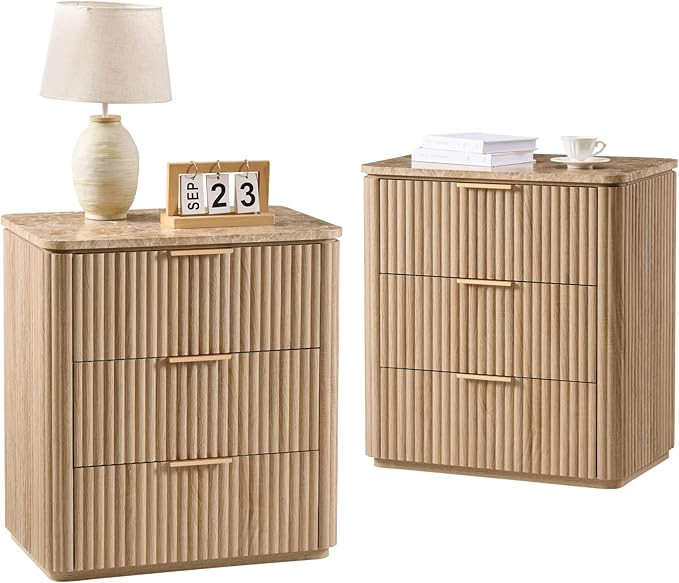 Fluted Nightstand Set of 2, 23" W Night Stand with 3 Drawers, Wood Bed Side Table with Faux Marbl... | Amazon (US)