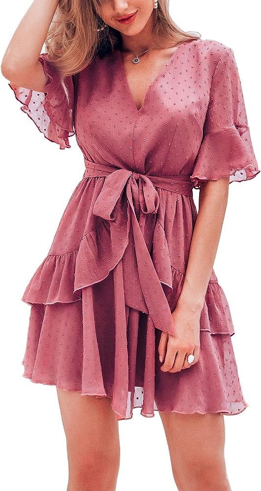 Women's Summer V Neck Chiffon Ruffle Mini Dress Elegant Tie Waist Short Sundress | Amazon (US)