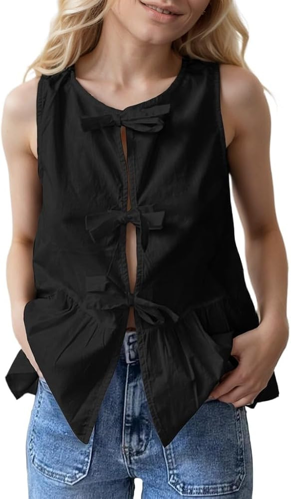 LOFAAC Women Y2K Bow Tie Front Tank Tops Coquette Sleeveless Peplum Ruffle Going Out Blouse Shirt... | Amazon (US)