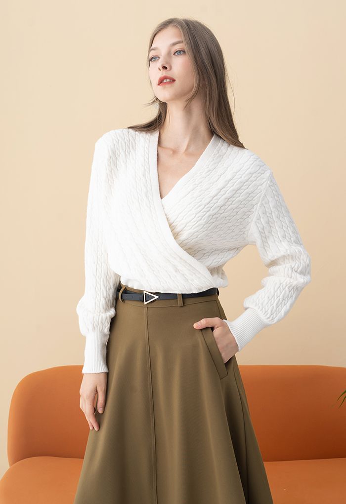 Cable Knit Wrap Front Crop Sweater in Cream | Chicwish