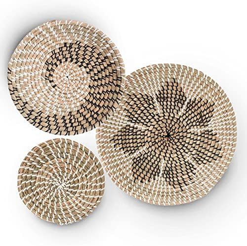 Wall Baskets Decor Boho Flat, Decorative Handmade Set of 3, Seagrass Woven Basket, Hanging Flat a... | Amazon (US)