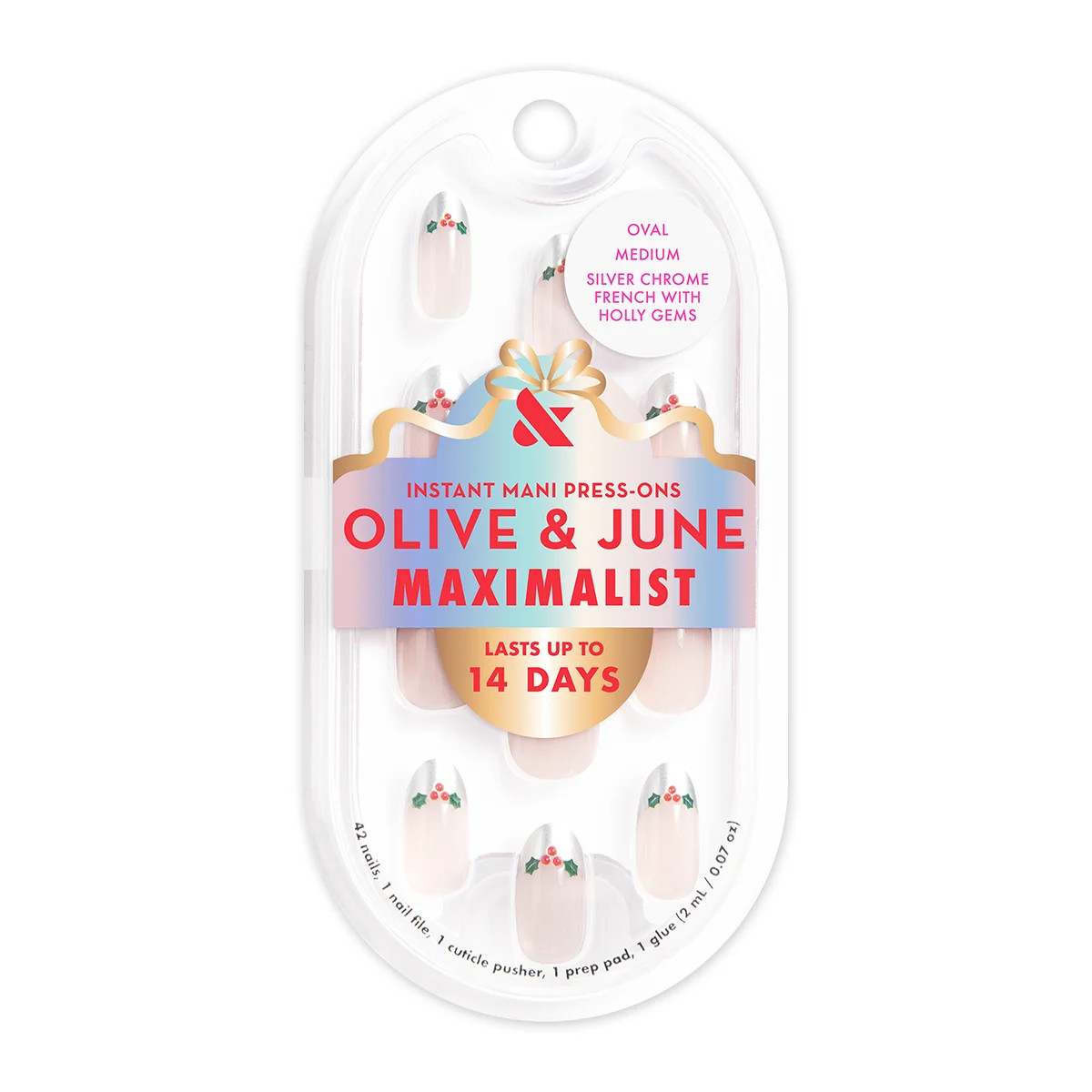 Olive & June Press On Maximalist Silver Chrome French with Holly Gems, Medium, Oval | Walmart (US)