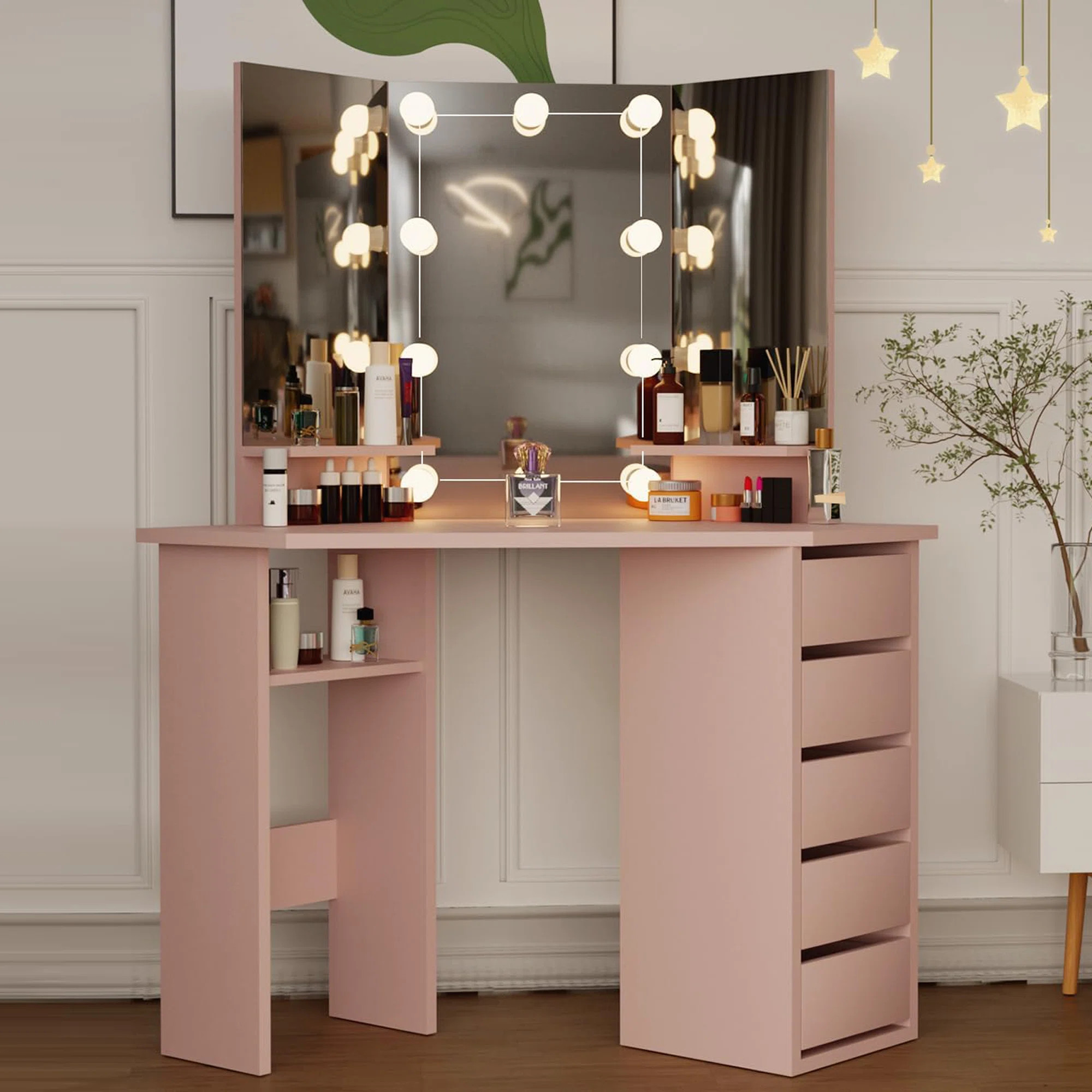 Kialen Modern Corner Makeup Vanity with 10  LED Lights, Tri-Fold Mirrors and 5 Drawers | Wayfair North America