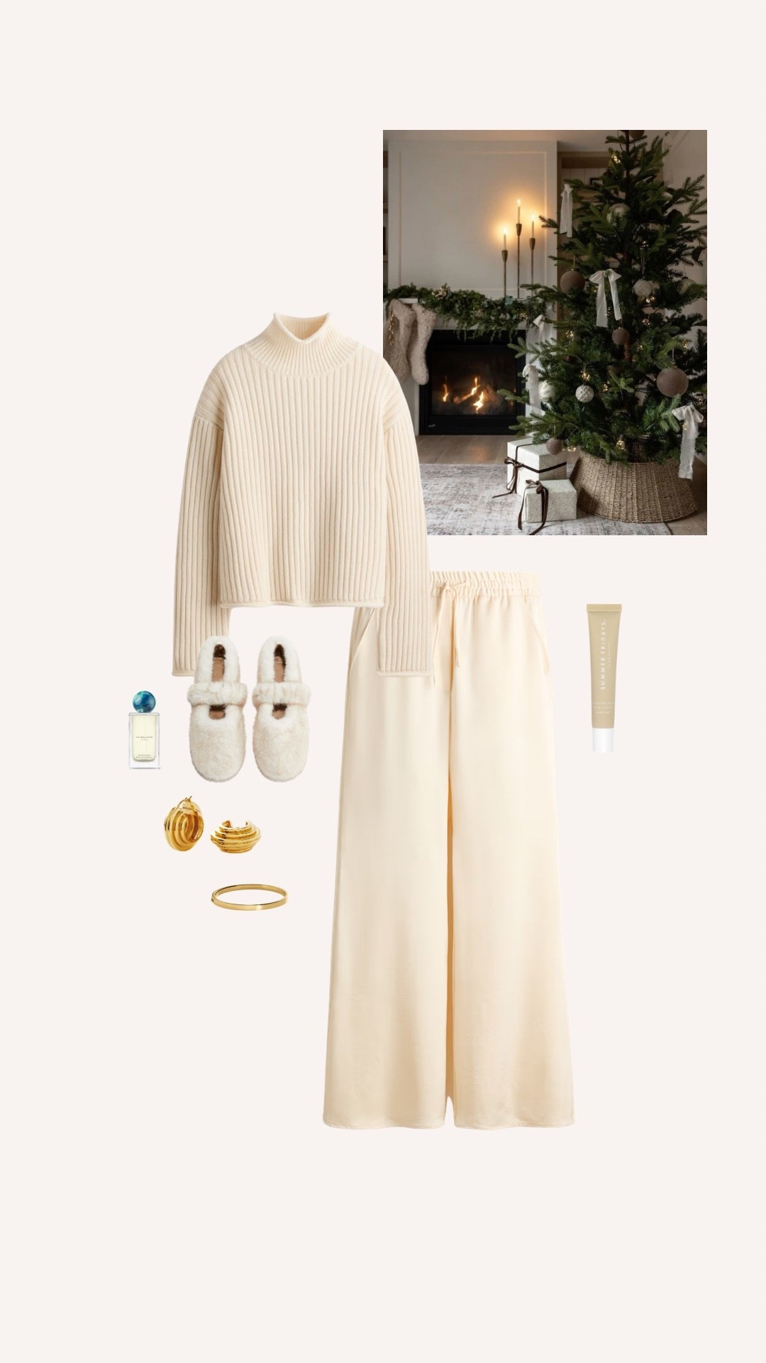 Christmas Day outfit ideas 🤍✨ 

Satin trousers, cream knit jumper, slippers 

#LTKuk #LTKfestive #LTKwinter