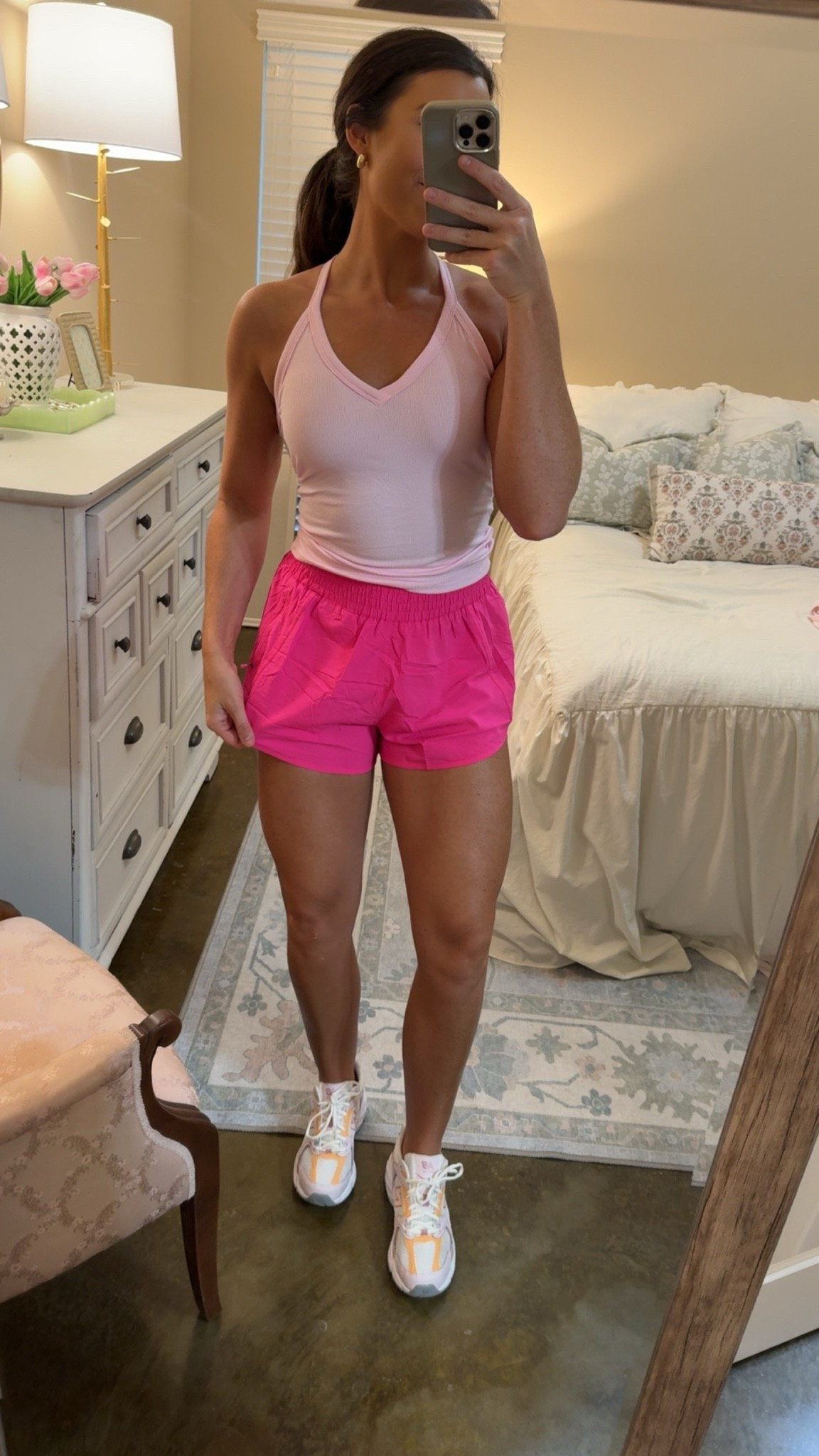 Wearing the hot pink in shorts and blossom pink in the tank! Size down in the tank (unless you are chesty then stay with true size)! I’m usually a true size medium and wearing small! Built in padding!! Shorts are true to size and high waisted! My fave!! So many color options and the length is perfect! Shoes are New Balance 530 and they run true to size! #amazonfinds #primeweek #primeday #fitness #workoutfits