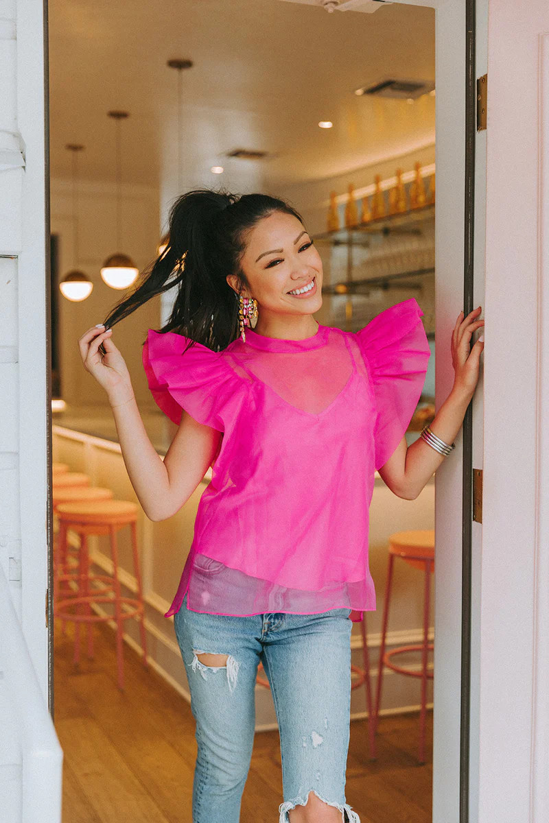BuddyLove | Kaycee Organza Ruffle Sleeve Top | Hot Pink | BuddyLove