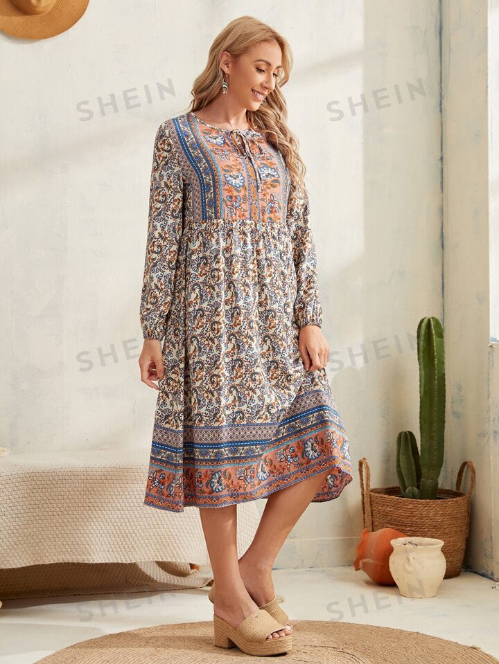 EMERY ROSE Tie Neck Floral Print Lantern Sleeve Smock Dress | SHEIN