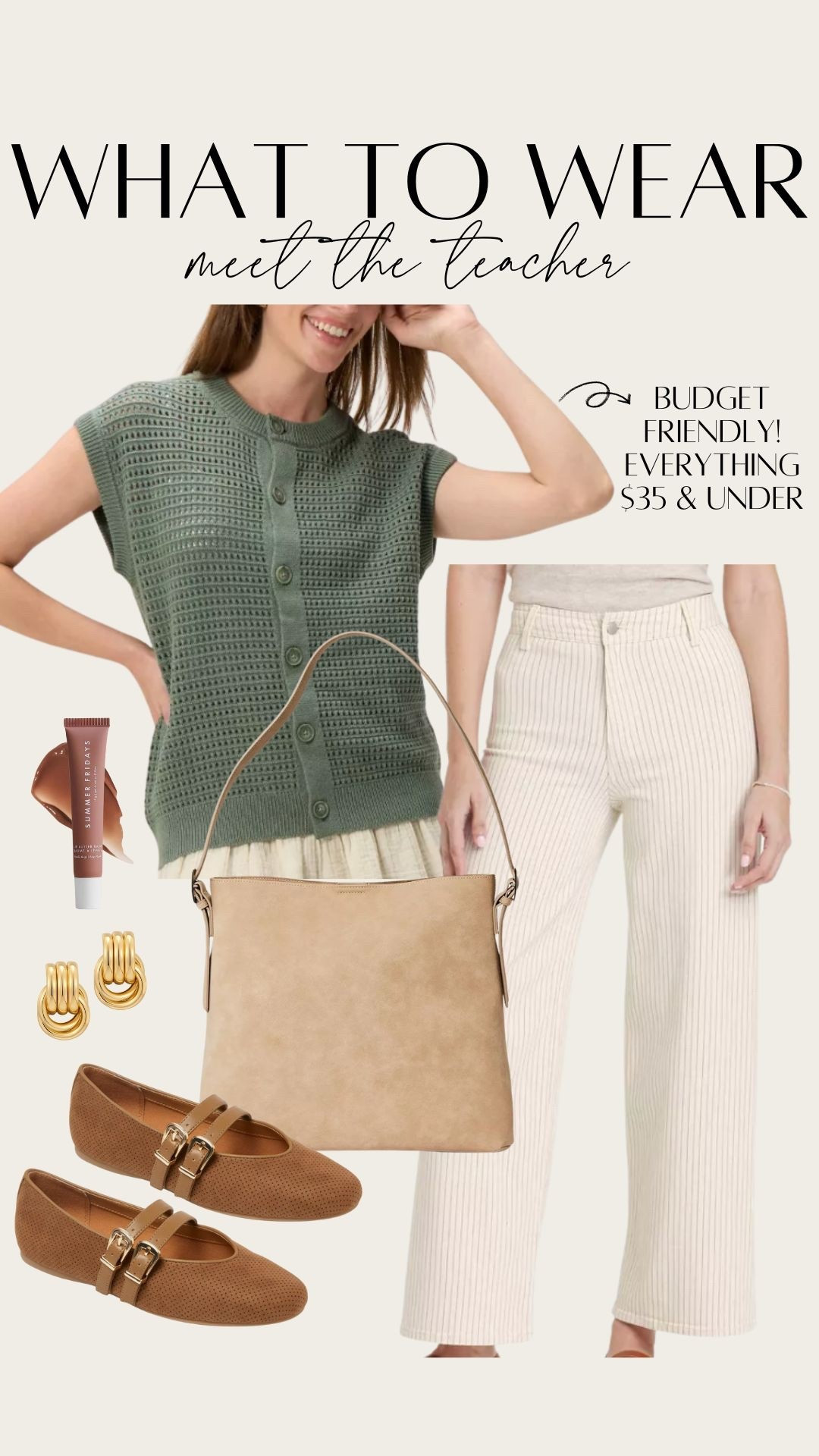 What to Wear: Meet the Teacher! 

Affordable budget friendly finds under $35 from Target! Green button down sweater vest. Pinstripe cream sailor jeans. Brown suede Mary Jane ballet flats. Tan hobo bag. Casual workwear fashion. Classroom teacher outfits. 

#LTKFindsUnder50 #LTKWorkwear #LTKSaleAlert