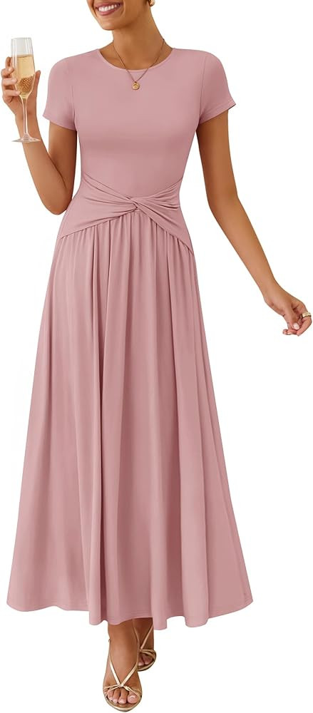 ZESICA Women's 2026 Summer Short Sleeve Maxi Dresses Twist Front Wedding Guest Cocktail Flowy A L... | Amazon (US)