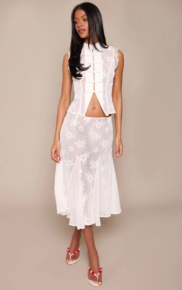 Tall White Sheer Floral Detail Godet Midi Skirt | PrettyLittleThing UK