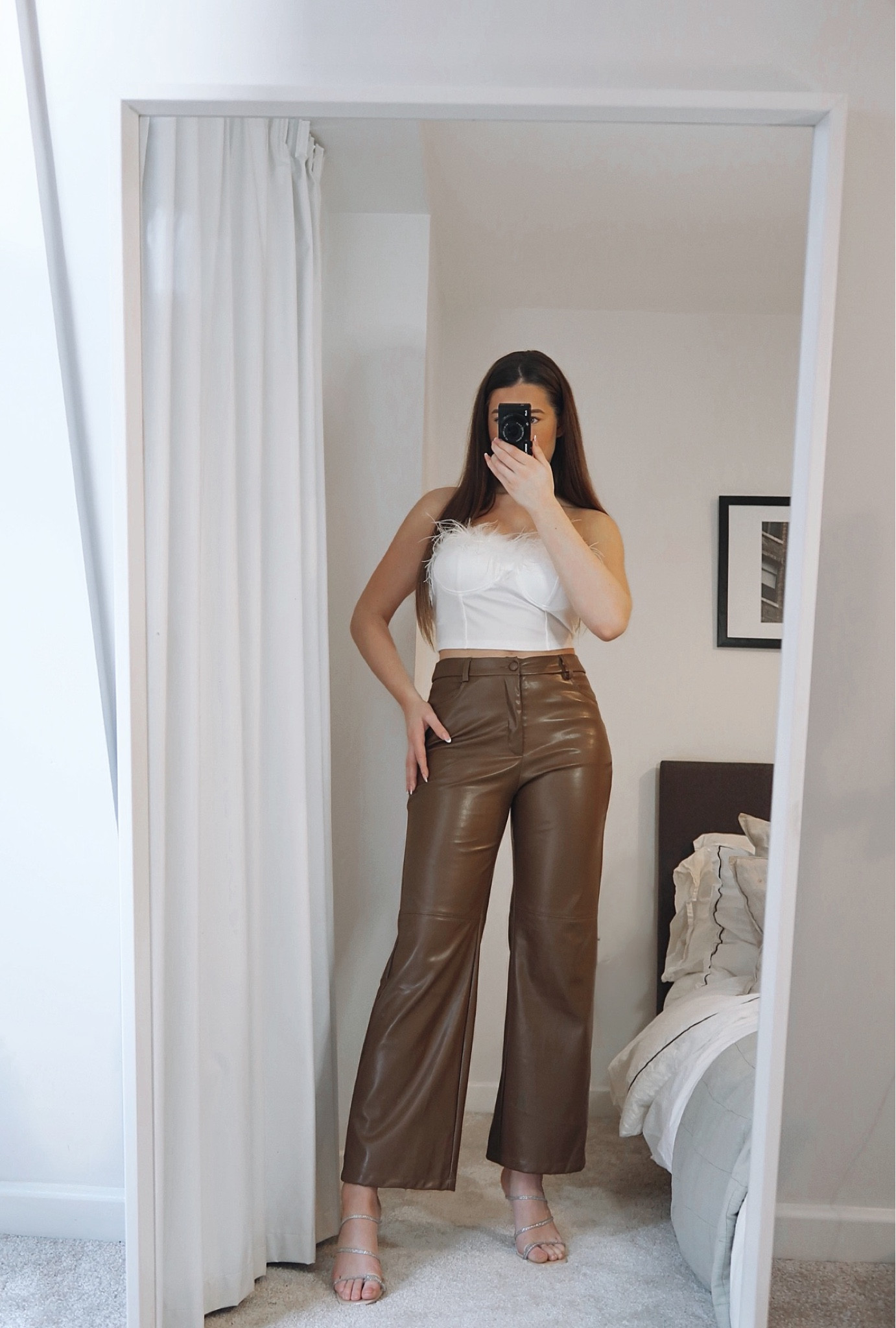 Going out outfit, with brown leather trousers, white fluffy corset and a touch of glitter on the heel 

Size 10 (trousers)
Size 10 (corset)
Size 6 (shoe)